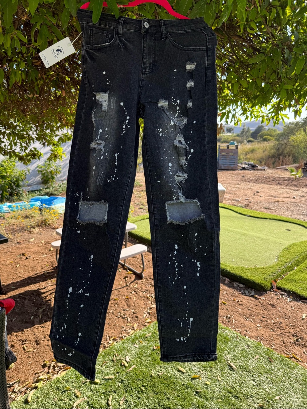 Black Distressed Paint-Splatter Jeans